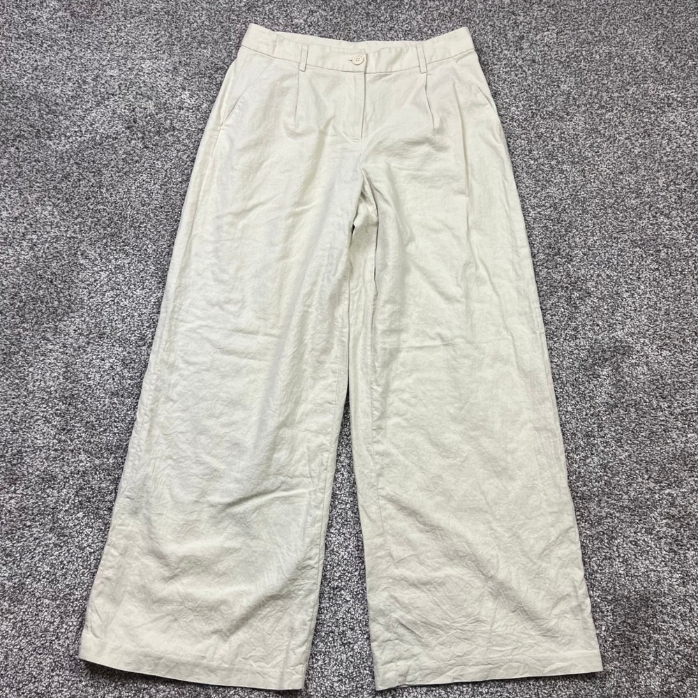Open Edit Trousers Womens Small Beige Linen Blend Wide Leg Pleated Casual
